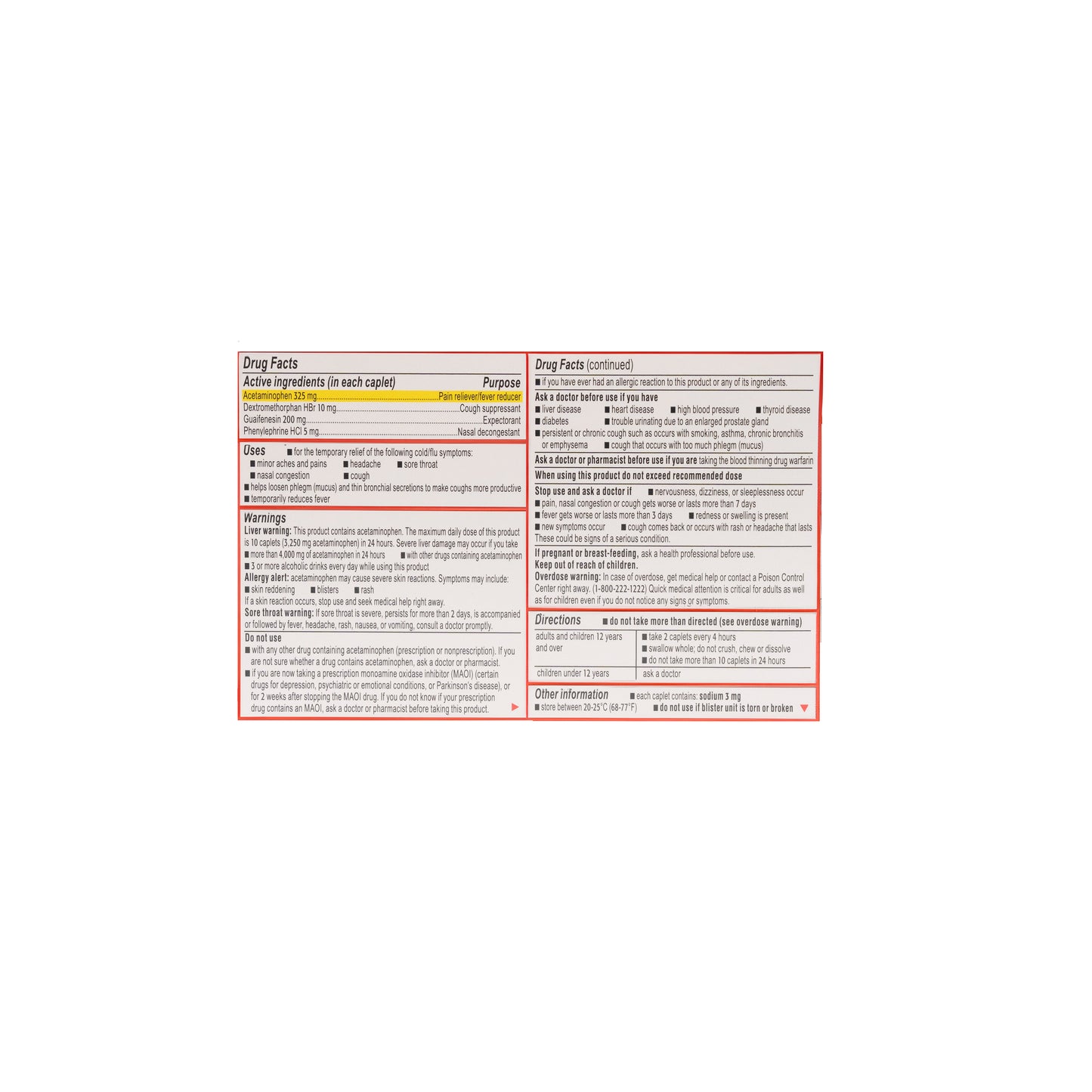 Comprimidos Tylenol para el resfriado y la gripe de 200-10-5-325 mg