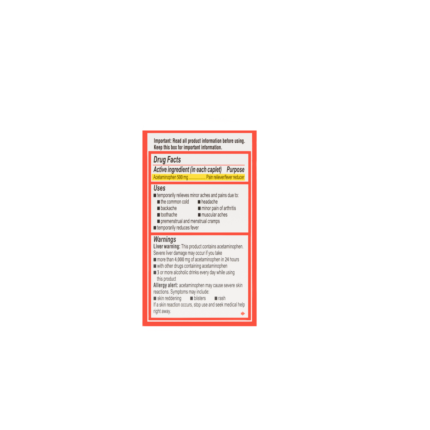 Tylenol Extra Strength (Acetaminophen)  500 mg Caplets