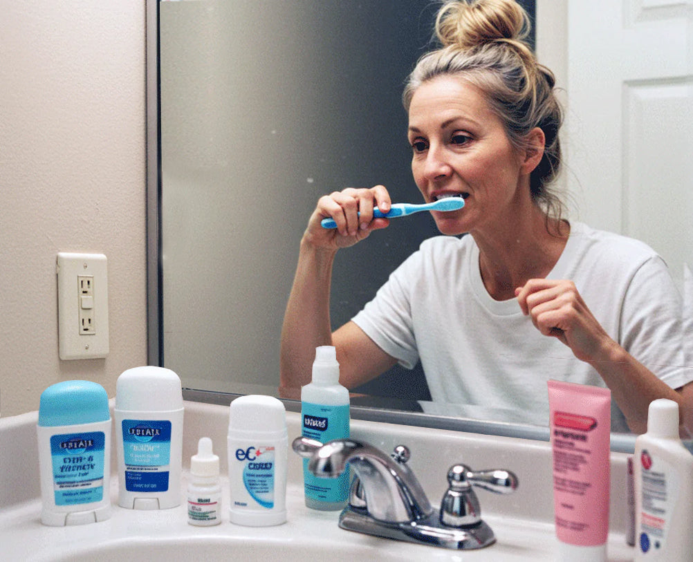 woman brushing teeth in mirror with toiletries on bathroom counter